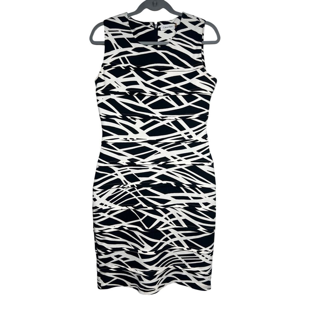 Calvin Klein Black White Tiered Sleeveless Sheath Dress Stretch Women's 8 Career